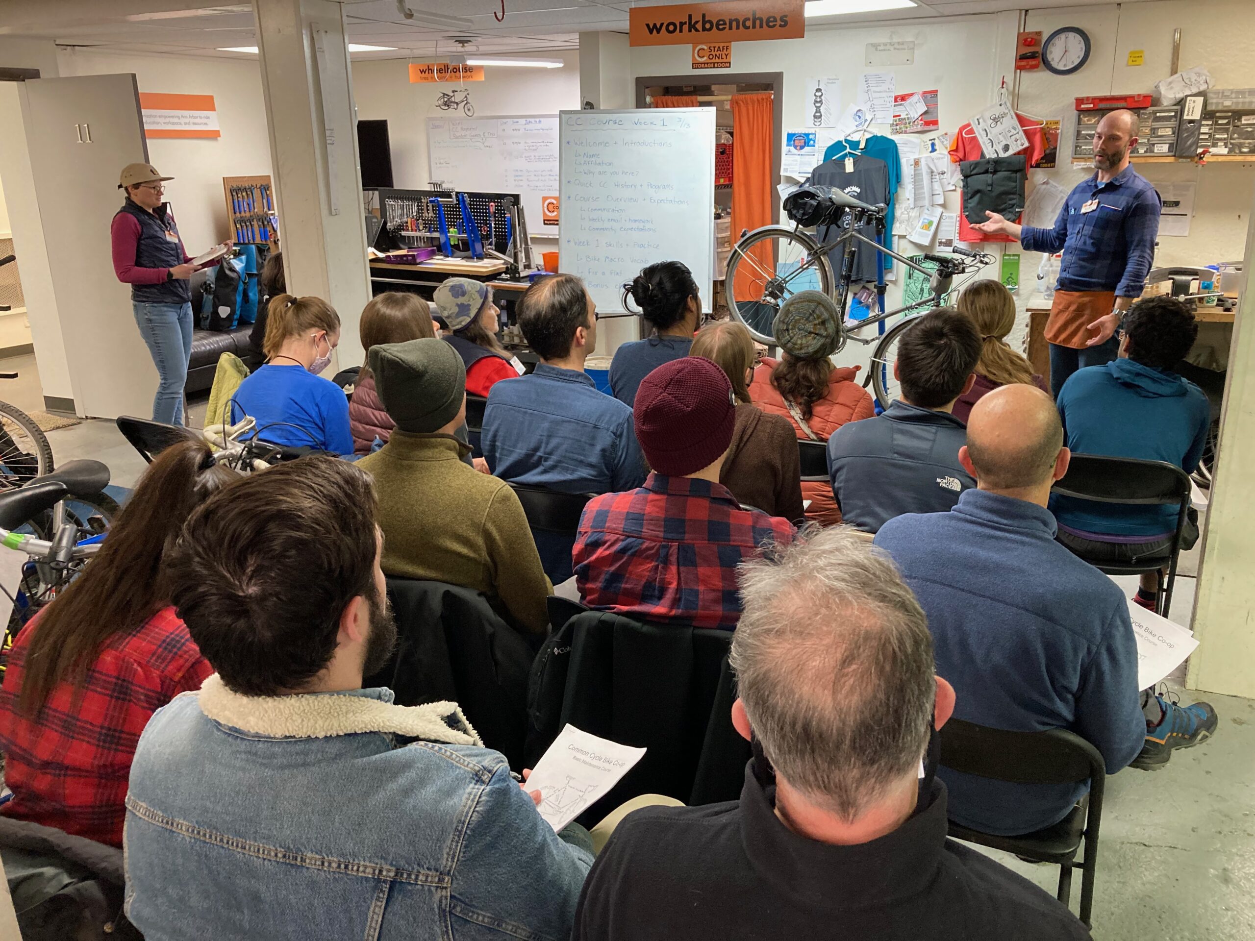 Common Cycle maintenance class seated facing instructor